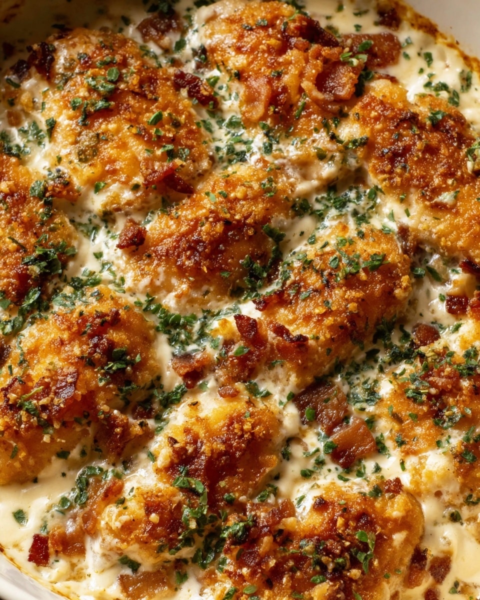 The dish shows a close-up of a creamy baked casserole with crispy, golden-brown chicken pieces arranged in a single overlapping layer on top. The chicken has a crunchy texture with small green herb sprinkles and bits of browned bacon scattered on the creamy white sauce underneath. The sauce looks rich and smooth with a light cream color, visible between and around the chicken pieces. The casserole fills the frame fully, and the overall look is warm and inviting. Photo taken with an iphone --ar 4:5 --v 7