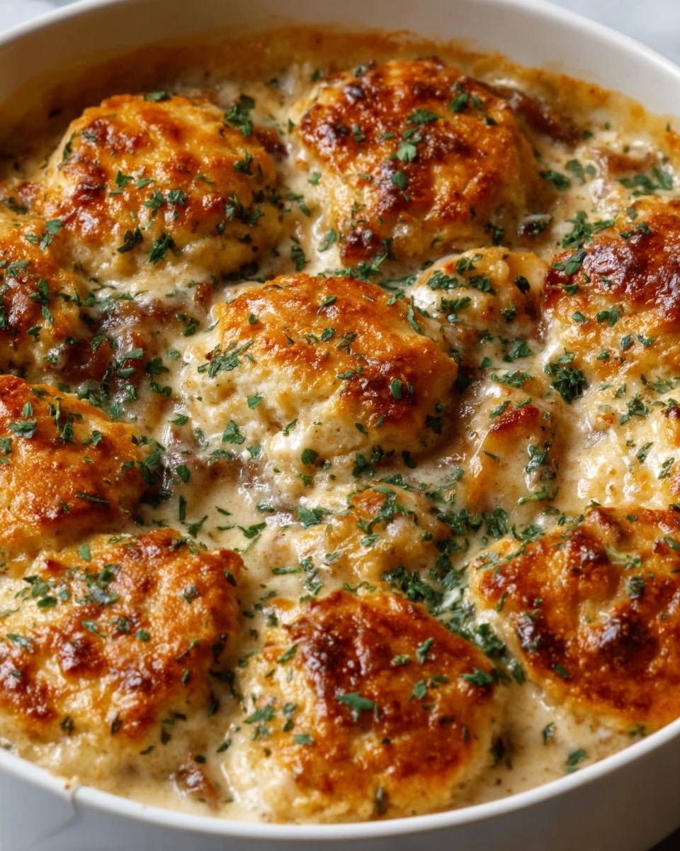 A close-up image of a white round baking dish filled with a creamy casserole topped with multiple golden-brown biscuit pieces. The biscuits are browned with a crispy texture on top and scattered with fresh green herbs. The creamy sauce, visible between the biscuit pieces, has a smooth texture with bits of browned cooked ingredients. The dish is fully cooked, showing a mix of soft cream and crisp biscuit tops. The photo is taken from above showing the colors and textures clearly, placed on a white marbled surface. photo taken with an iphone --ar 4:5 --v 7