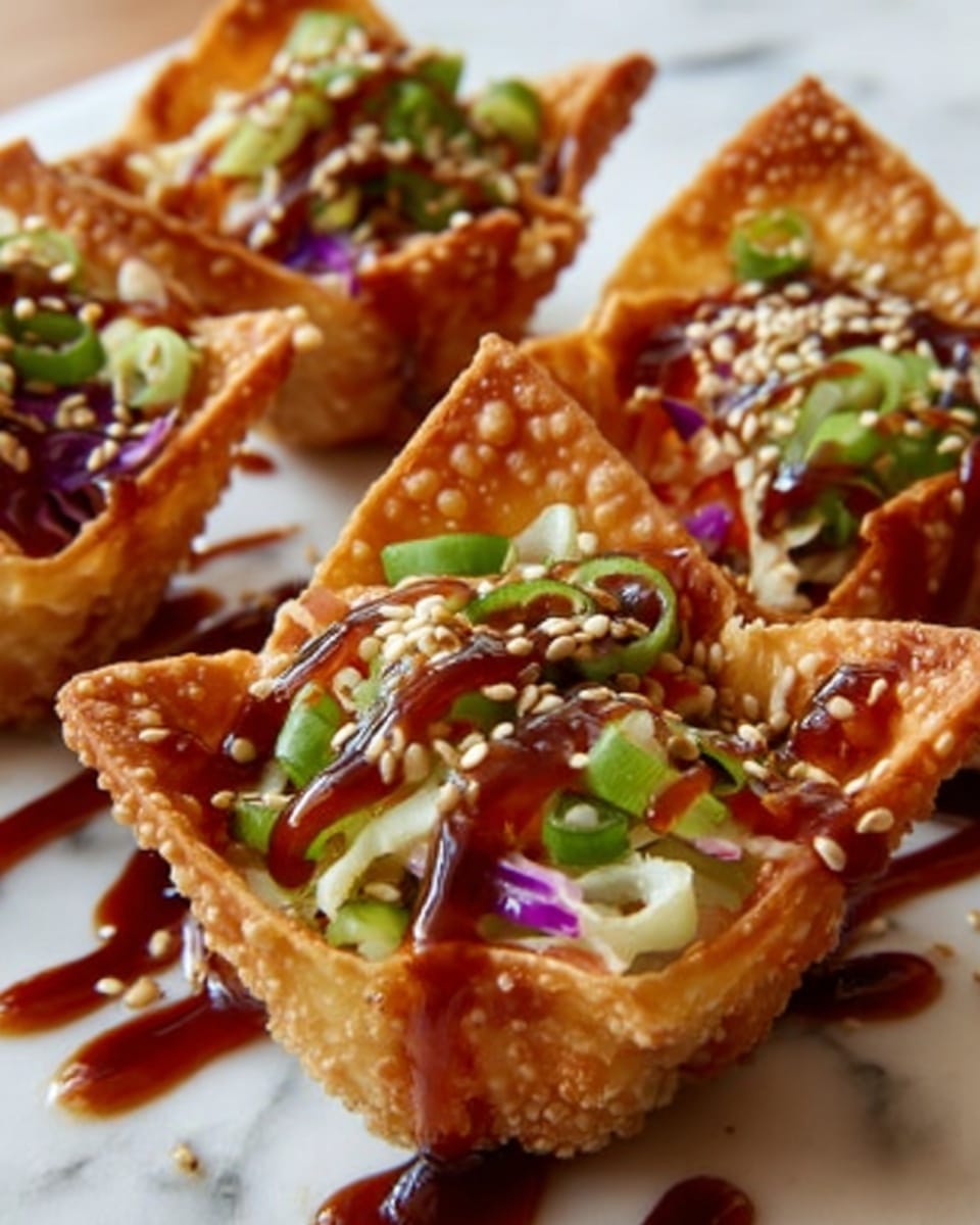 The image shows four crispy golden brown triangular wonton cups arranged closely on a white marbled surface, each filled with a colorful mix of chopped vegetables including bright green onions and purple cabbage. The filling is topped with a glossy dark brown sauce drizzled over the edges, and a sprinkle of light tan sesame seeds. The texture of the wonton cups is crunchy and slightly bubbly, contrasting with the fresh, crisp vegetables inside. Photo taken with an iphone --ar 4:5 --v 7