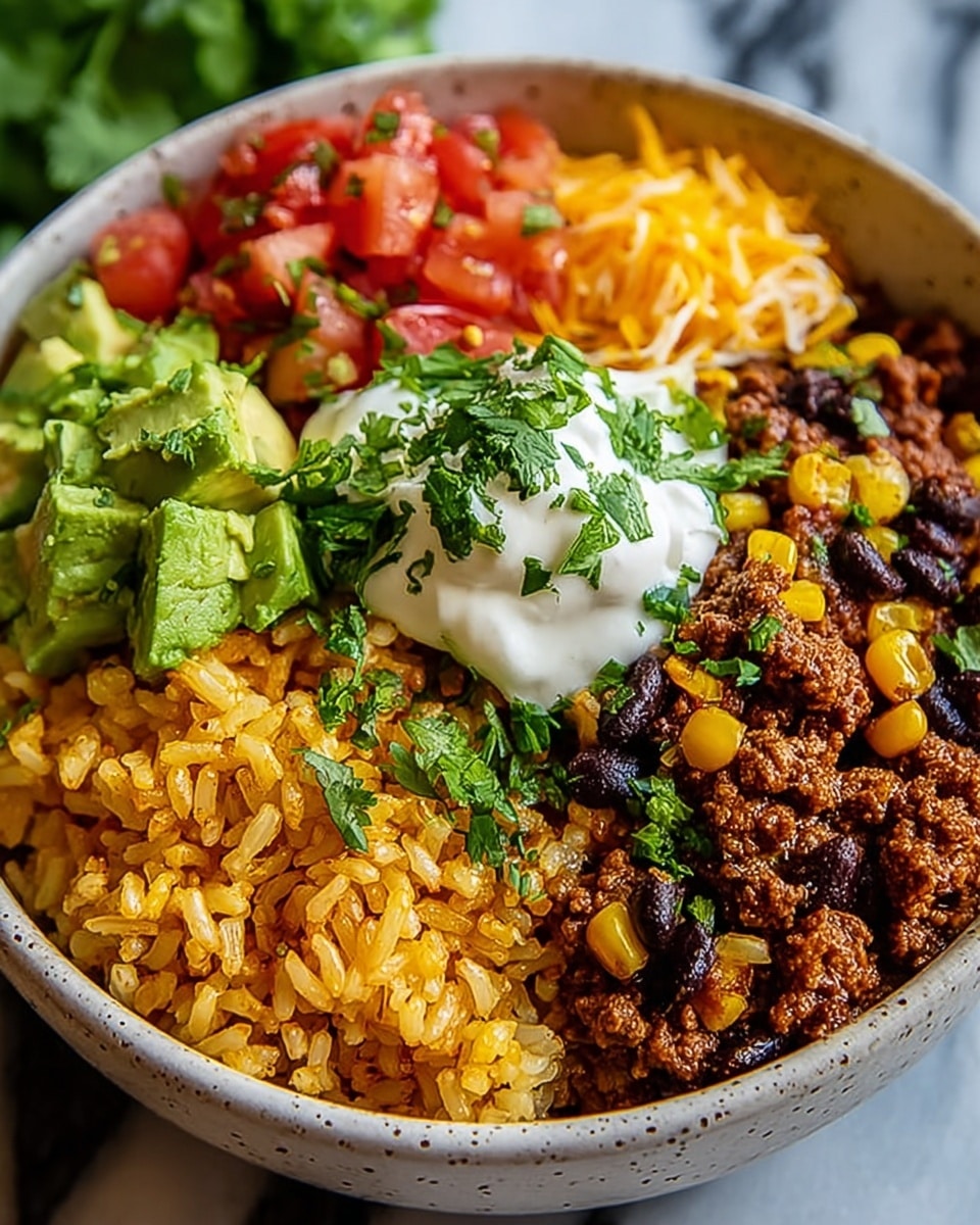 A close-up of a bowl filled with several colorful layers of food, starting at the bottom with yellow rice mixed with black beans and corn on one side, topped with a layer of cooked ground beef and more corn, then sprinkled with chopped red tomatoes and green herbs. On one side of the bowl, there are bright orange shredded cheese and green slices of avocado. In the center, a dollop of white sour cream is topped with chopped green cilantro. The bowl is white with a light speckled texture, and the background shows a white marbled surface. Photo taken with an iphone --ar 4:5 --v 7