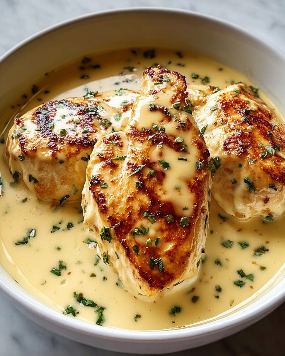 The image shows three pieces of browned chicken breasts sitting in a creamy, light yellow sauce inside a white bowl. The chicken pieces have a slightly crispy, golden-brown top layer with visible grill marks and are sprinkled with small green herb flakes. The creamy sauce surrounds the chicken, coating the bottom of the bowl and adding a glossy texture. The white bowl rests on a white marbled surface, enhancing the dish's warm and fresh appeal. photo taken with an iphone --ar 4:5 --v 7
