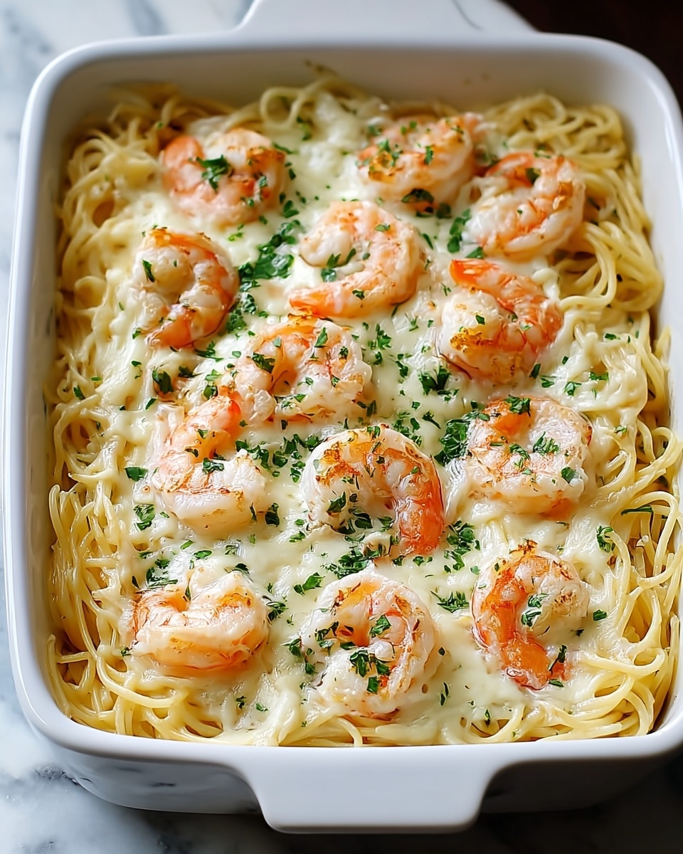 The dish is a white square baking dish filled with a creamy shrimp pasta bake. The bottom layer is pale yellow cooked spaghetti noodles, arranged loosely and filling the whole base. Above the noodles is a glossy, melted white cheese layer, smooth with slight bubbling and some browning around the edges. On top, there are several evenly spaced plump shrimp, pink and white with a slightly translucent look, each curled and showing a firm texture. The shrimp are sprinkled with finely chopped green herbs, adding small bright green spots across the surface. The baking dish sits on a white marbled surface. photo taken with an iphone --ar 4:5 --v 7
