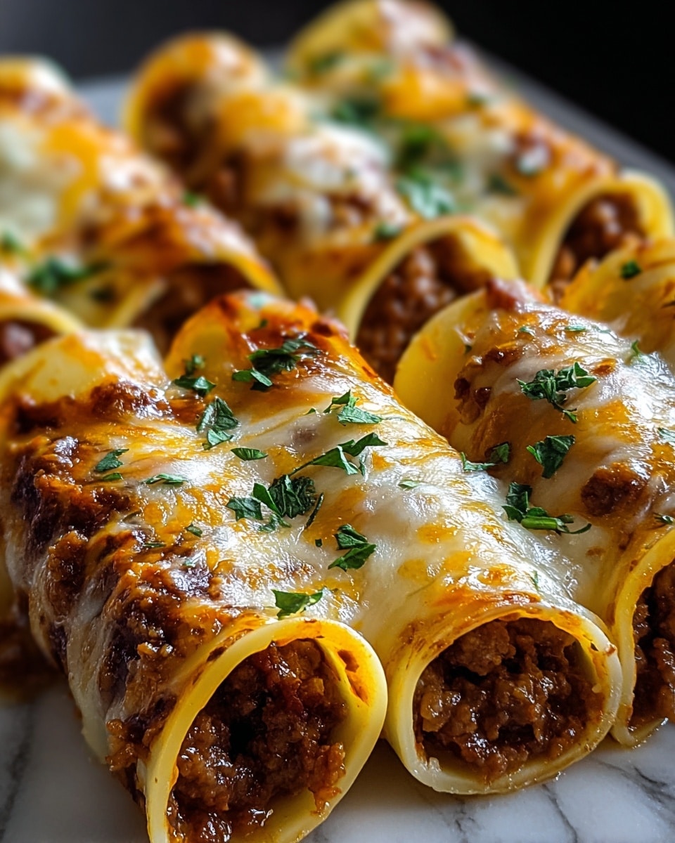 The image shows four rolled pasta tubes filled with a brown ground meat mixture, tightly packed and covered with a golden, melted layer of cheese that has browned slightly in spots. The rolls are lined up closely on a white marbled surface, and they are topped with small pieces of chopped green herbs scattered across the cheesy surface. The texture of the cheese is smooth and glossy with some bubbling, while the pasta edges are soft and slightly curled. Photo taken with an iphone --ar 4:5 --v 7