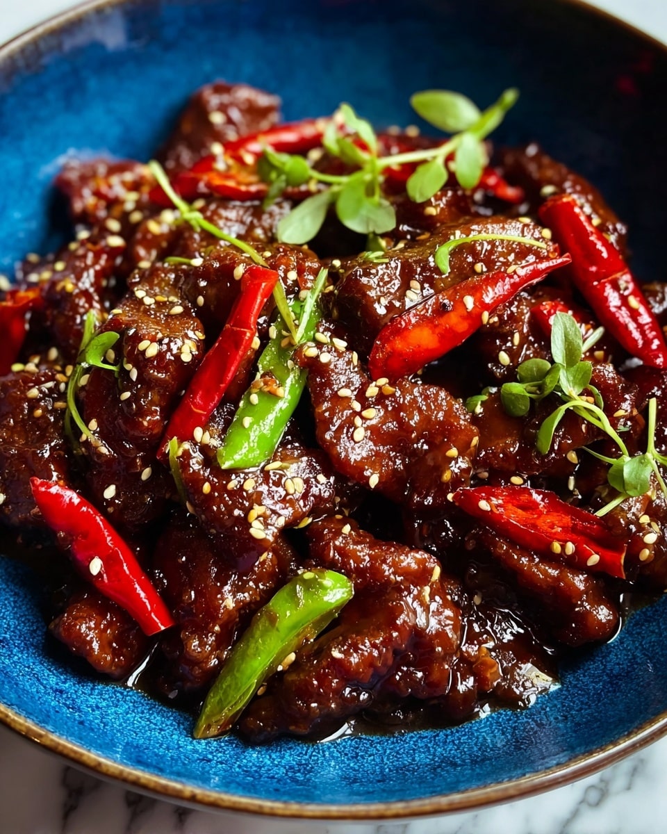 A close-up of a dish with several pieces of glazed, dark brown crispy meat layered at the bottom and covered with shiny sauce. Bright red chili peppers and fresh green chili slices are spread across the dish, adding contrast and texture. Small white sesame seeds and a few green herb leaves are sprinkled on top, adding more detail. The dish is served in a round white bowl with a rustic blue inner edge, placed on a white marbled surface. photo taken with an iphone --ar 4:5 --v 7