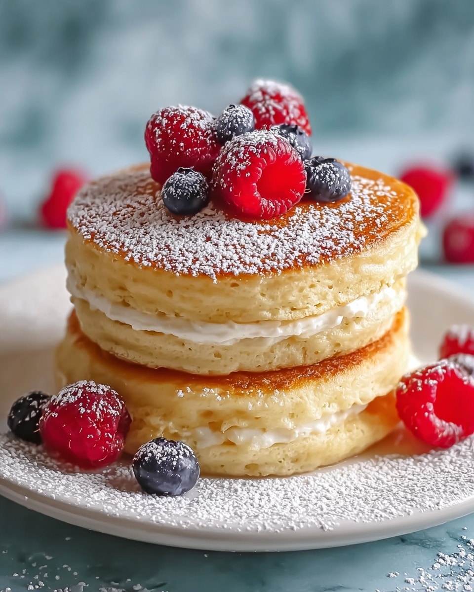 A stack of three thick, fluffy golden-brown pancakes sits centered on a white plate, each pancake separated by a thin layer of white cream. The top pancake is dusted lightly with white powdered sugar and decorated with fresh red raspberries and a single dark blue blueberry in the middle. Extra raspberries rest beside the plate, and the whole scene is set against a soft blue background with a white marbled texture beneath the plate. photo taken with an iphone --ar 4:5 --v 7