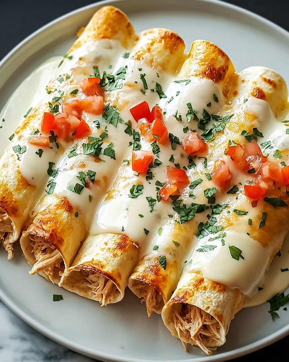 Four rolled enchiladas sit side by side on a white plate, each with a soft, golden-brown tortilla wrapped tightly around shredded chicken visible at the ends. The enchiladas are topped with a smooth layer of light cream sauce, dotted with small pieces of diced red tomato and green chopped cilantro scattered across the top and plate. The warm tortillas show slight gloss where sauce has soaked in, creating a mix of beige and orange tones. The white plate rests on a white marbled surface. photo taken with an iphone --ar 4:5 --v 7