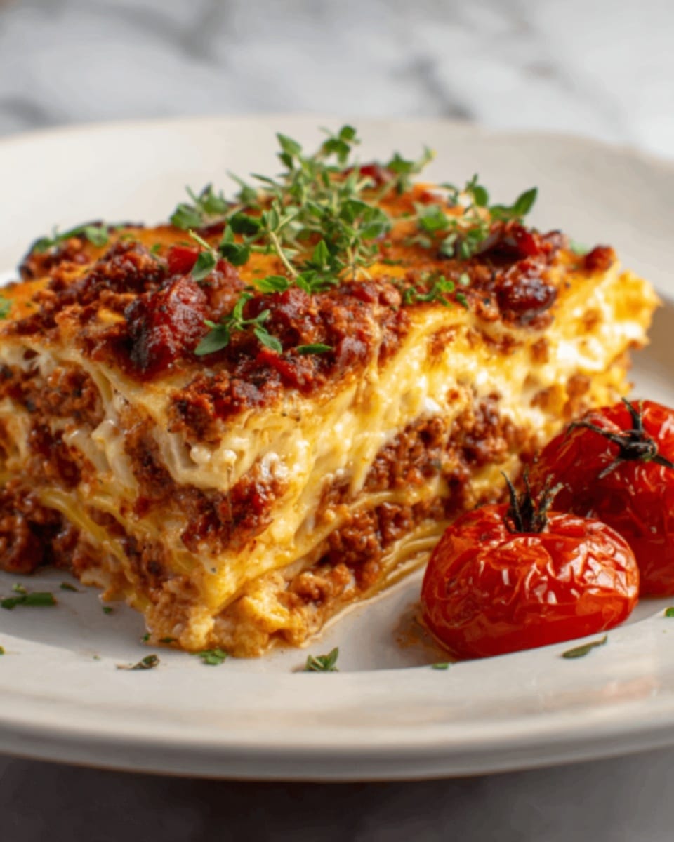 The image shows a slice of lasagna on a white plate, set on a white marbled surface. The lasagna has several layers: a bottom layer of thick, light yellow pasta, followed by a rich layer of reddish-brown meat sauce with visible tomato pieces, then a creamy, slightly golden cheese layer with melted cheese on top. The top is browned and crispy with some green herb garnish. Next to the lasagna are two whole roasted red cherry tomatoes with wrinkled skin. Photo taken with an iphone --ar 4:5 --v 7