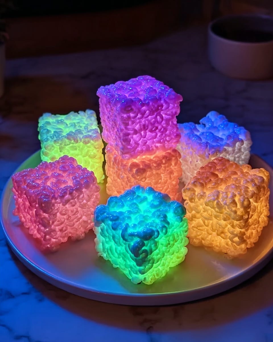 A white plate on a white marbled surface holds eight square treats made of puffed rice, glowing in bright neon colors under low light. The treats are arranged in a circle with the front three glowing blue-green, the middle three glowing blue-purple, and the back two glowing warm orange-yellow. Each puffed rice treat has a bumpy, airy texture and a well-defined cube shape. The background shows blurred kitchen items in dim colors, making the glowing cubes the main focus. photo taken with an iphone --ar 4:5 --v 7