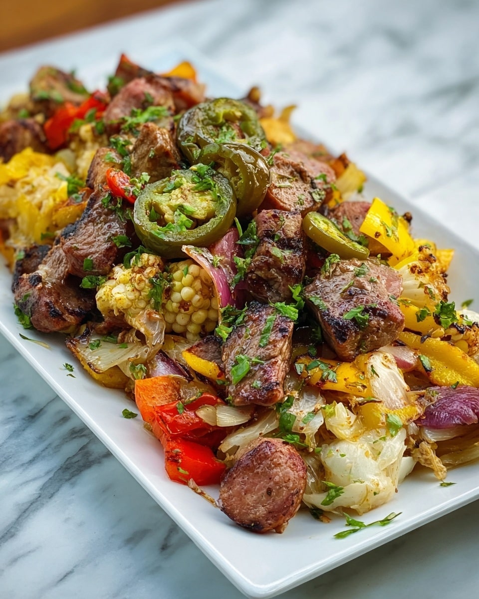 A white rectangular plate holds a mix of grilled food with about three layers. The bottom layer has cooked yellow and red bell peppers, white cabbage pieces, and a few corn kernels. On top, there are chunky pieces of grilled beef with a juicy, slightly charred texture in brown and pink tones. Mixed in the beef are slices of grilled sausage in reddish color and green slices of cooked jalapeños. The dish is garnished with fresh green chopped herbs scattered on top, adding a fresh touch. The food sits on a white marbled surface. Photo taken with an iphone --ar 4:5 --v 7