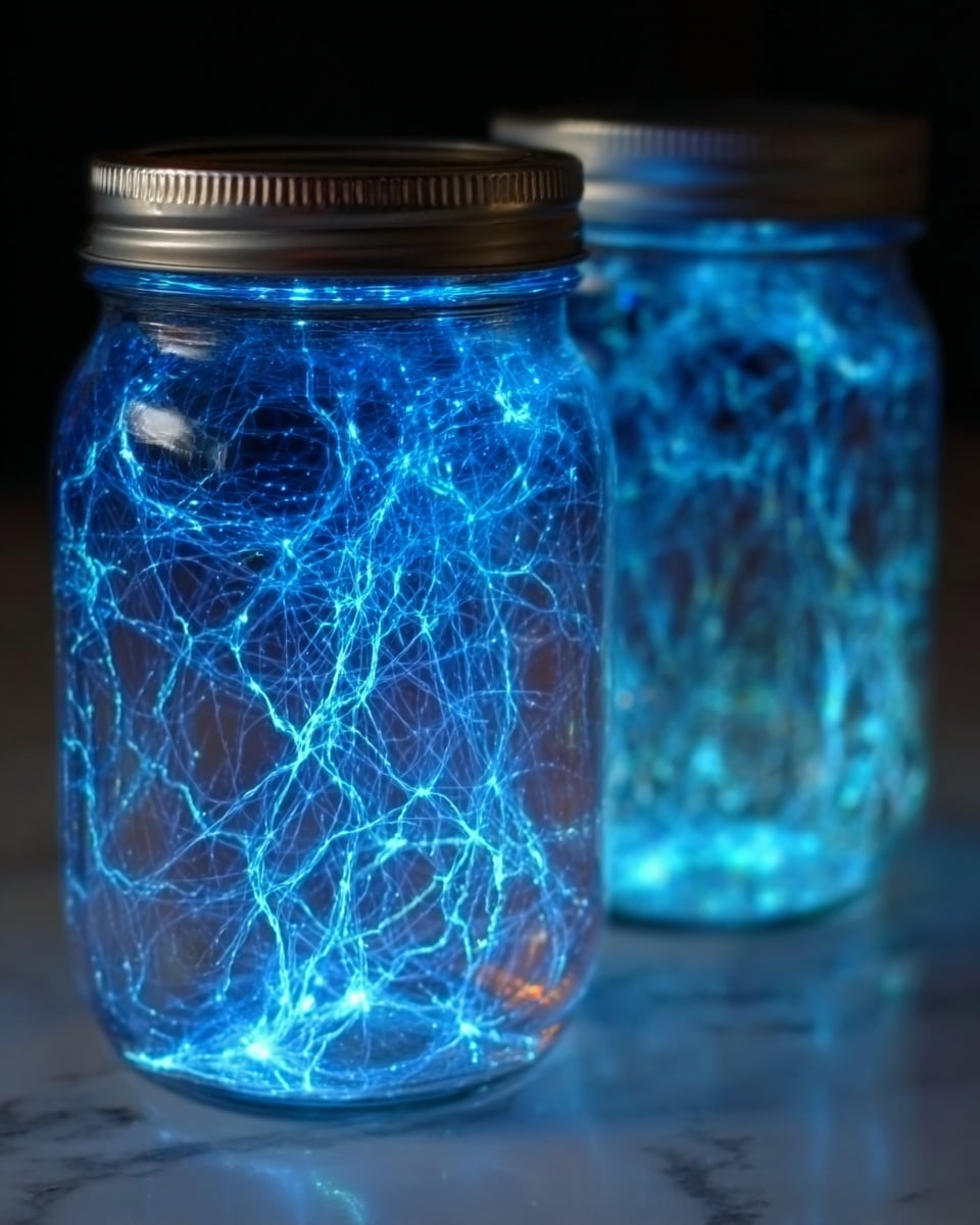 The image shows two clear glass jars filled with bright blue light streaks that look like lightning or electric sparks inside them. The jars have silver lids and are placed against a white marbled surface, giving a glowing and magical effect. The light beams create a tangled web of bright blue energy that fills the jars, shining clearly through the glass and casting a soft blue glow around. The background is softly blurred, making the glowing jars the main focus. photo taken with an iphone --ar 4:5 --v 7