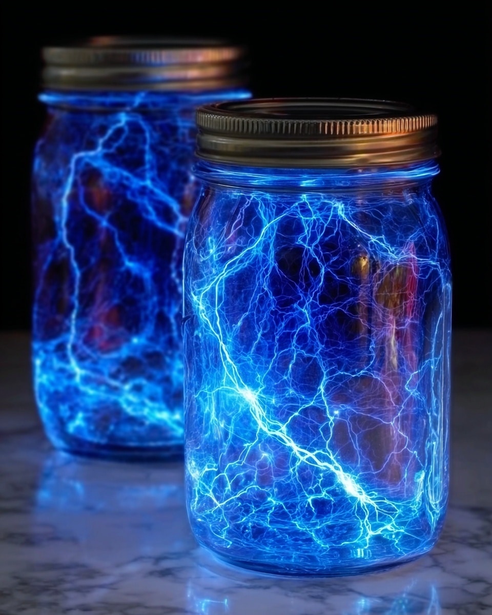 The image shows two clear glass jars placed on a white marbled surface, filled with bright blue lightning-like electric patterns inside. The jars have metal lids, and the glowing blue light creates a striking contrast with the dark background behind them. The electric lines look sharp and detailed, twisting and branching inside the jar, giving a sense of energy and movement. The jars stand close together, with one slightly behind the other, showing the beautiful blue glow from different angles. photo taken with an iphone --ar 4:5 --v 7