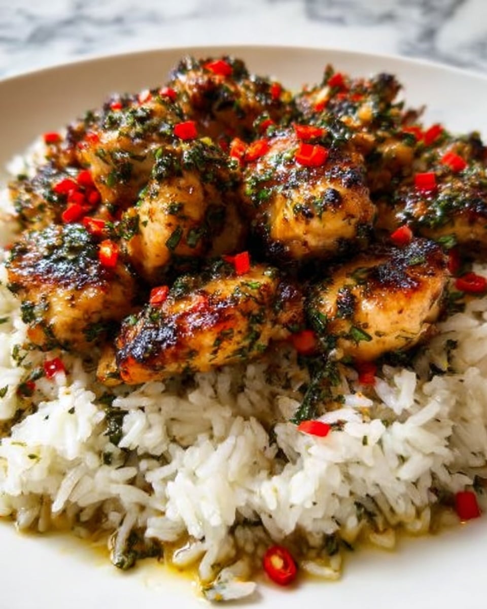 A white plate filled with a bed of fluffy white rice at the bottom layer, topped with grilled chicken pieces that have a golden-brown color with visible char marks. The chicken is covered with a mix of chopped herbs and small red chili pieces scattered on top, giving a colorful contrast against the light rice. The chicken pieces look juicy and slightly glazed, sitting closely together in a small pile above the rice. The plate is placed on a white marbled surface. photo taken with an iphone --ar 4:5 --v 7