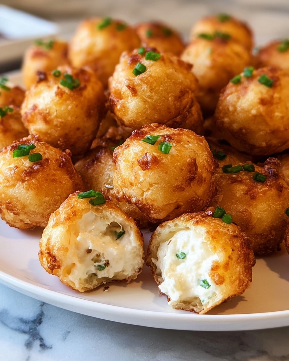 The image shows many small, round golden brown bite-sized balls tightly arranged on a white plate set on a white marbled surface. Each ball has a crispy, textured outer layer with a few green chive pieces on top for garnish. One ball is cut open and positioned in front, revealing a creamy white inside mixed with small bits of green, giving a soft and smooth filling contrast to the crunchy shell. The balls have slight browned peaks on top, adding depth and texture to their appearance. photo taken with an iphone --ar 4:5 --v 7