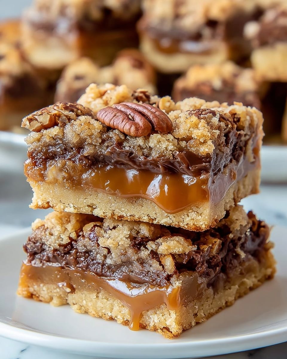 A close-up image of two stacked dessert bars on a white plate, each bar has three distinct layers: the bottom layer is a light golden brown crumbly cookie base, the middle layer is rich and gooey melted chocolate mixed with caramel that is slightly dripping, and the top layer is a golden brown crumbly cookie crust studded with visible whole pecan halves. The dessert looks soft and gooey with crunchy bits on top, the bars are square-shaped, and the background shows more dessert bars on a white marbled texture. Photo taken with an iphone --ar 4:5 --v 7