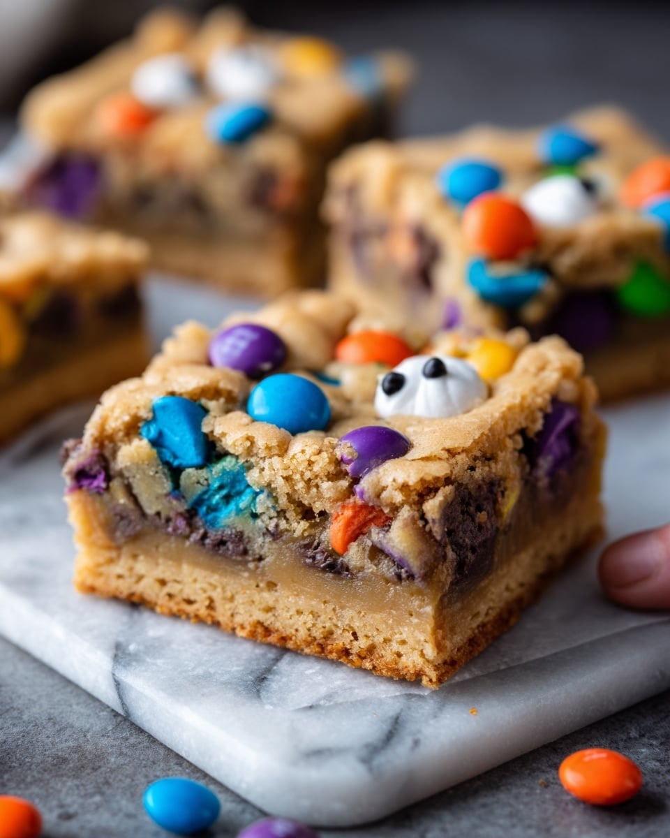 The image shows a square piece of cookie bar with three visible layers on a white marbled surface: a dense, golden-brown bottom crust, a thick middle layer filled with colorful candy-coated chocolates mixed into a soft, light brown dough, and a slightly crumbly top with more scattered blue, orange, and purple candy pieces and two white candy eyes on top. The background has another cookie square slightly out of focus, and part of a woman's hand is visible holding one piece. Photo taken with an iphone --ar 4:5 --v 7