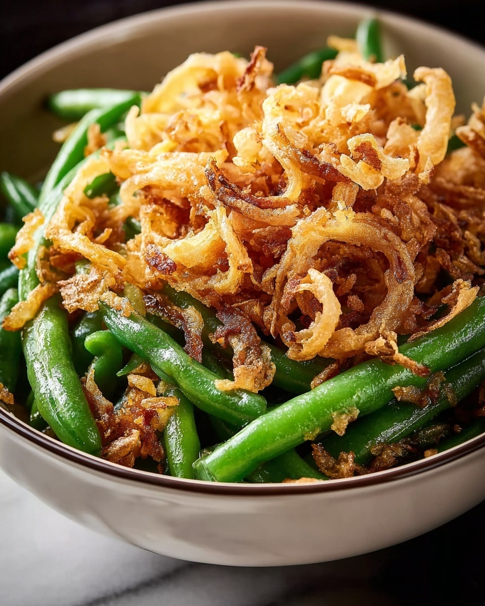 A close-up view of a dish with two layers: the bottom layer has bright green cooked green beans with a smooth and slightly glossy texture, and the top layer is a generous heap of crispy, golden brown fried onions that are thin, curly, and crunchy. The food is served in a white bowl with a simple design, set on a white marbled surface. photo taken with an iphone --ar 4:5 --v 7