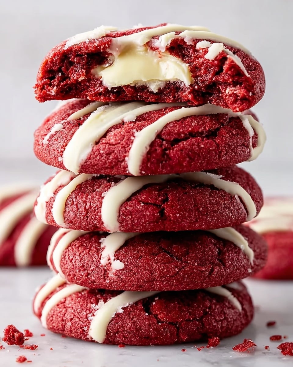 A stack of five round red velvet cookies with white cream cheese drizzle, each with a soft, slightly cracked surface showing a deep red color. The top cookie is broken in half, revealing a smooth, creamy white filling inside. The cookies have a thick, chewy texture, and white cream cheese lines are drizzled unevenly across the tops of each cookie, adding contrast to the rich red color. The stack sits directly on a white marbled surface with a few cookie crumbs scattered around. photo taken with an iphone --ar 4:5 --v 7