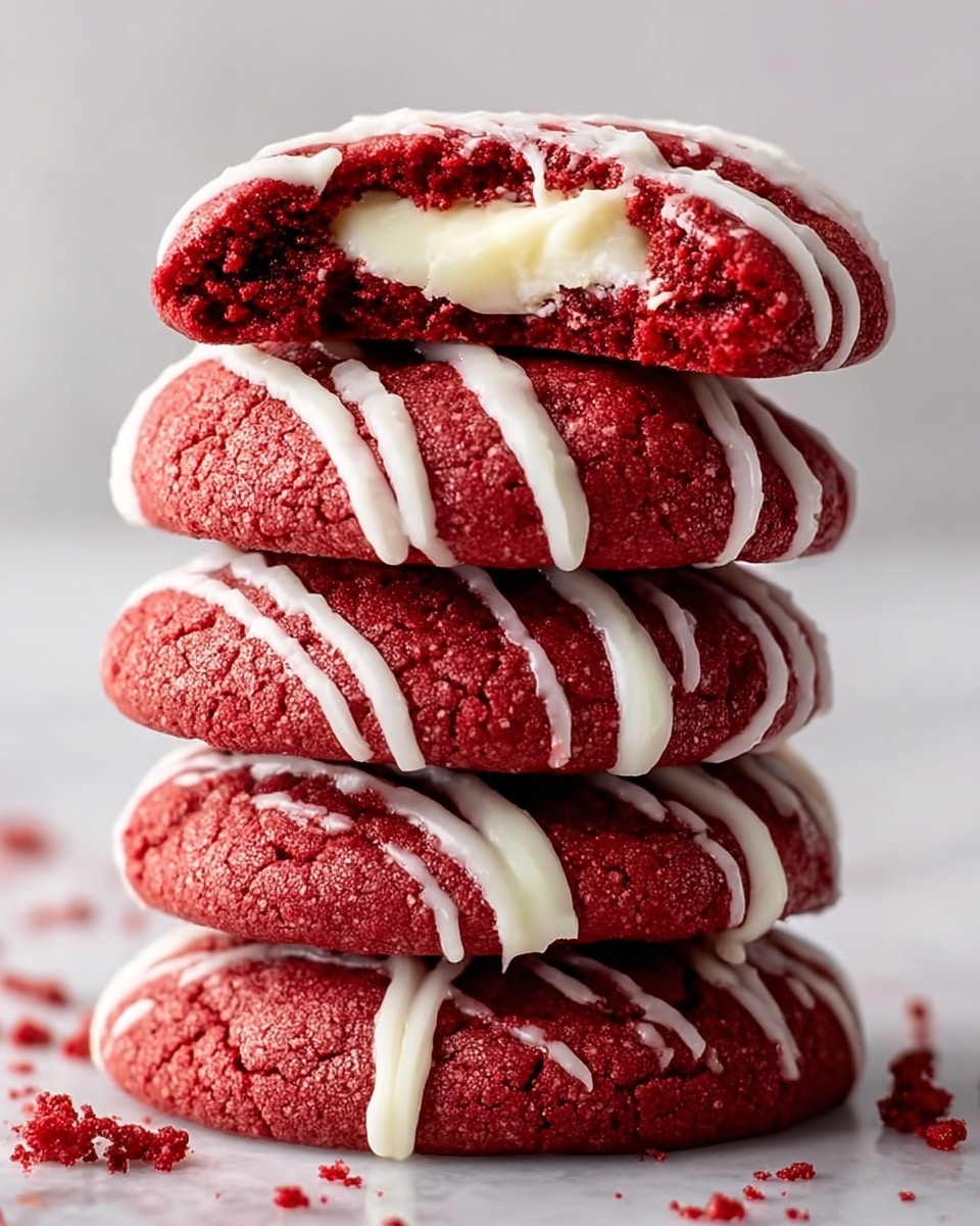 A stack of five round red cookies with a soft, slightly cracked texture, each drizzled with thin white icing in a zigzag pattern. The top cookie is broken in half, revealing a creamy white filling inside. The cookies rest directly on a white marbled surface, with small red crumbs scattered around. The layers show a rich red color with white decoration, creating a contrast that highlights the soft filling and the rough cookie surface, photo taken with an iphone --ar 4:5 --v 7