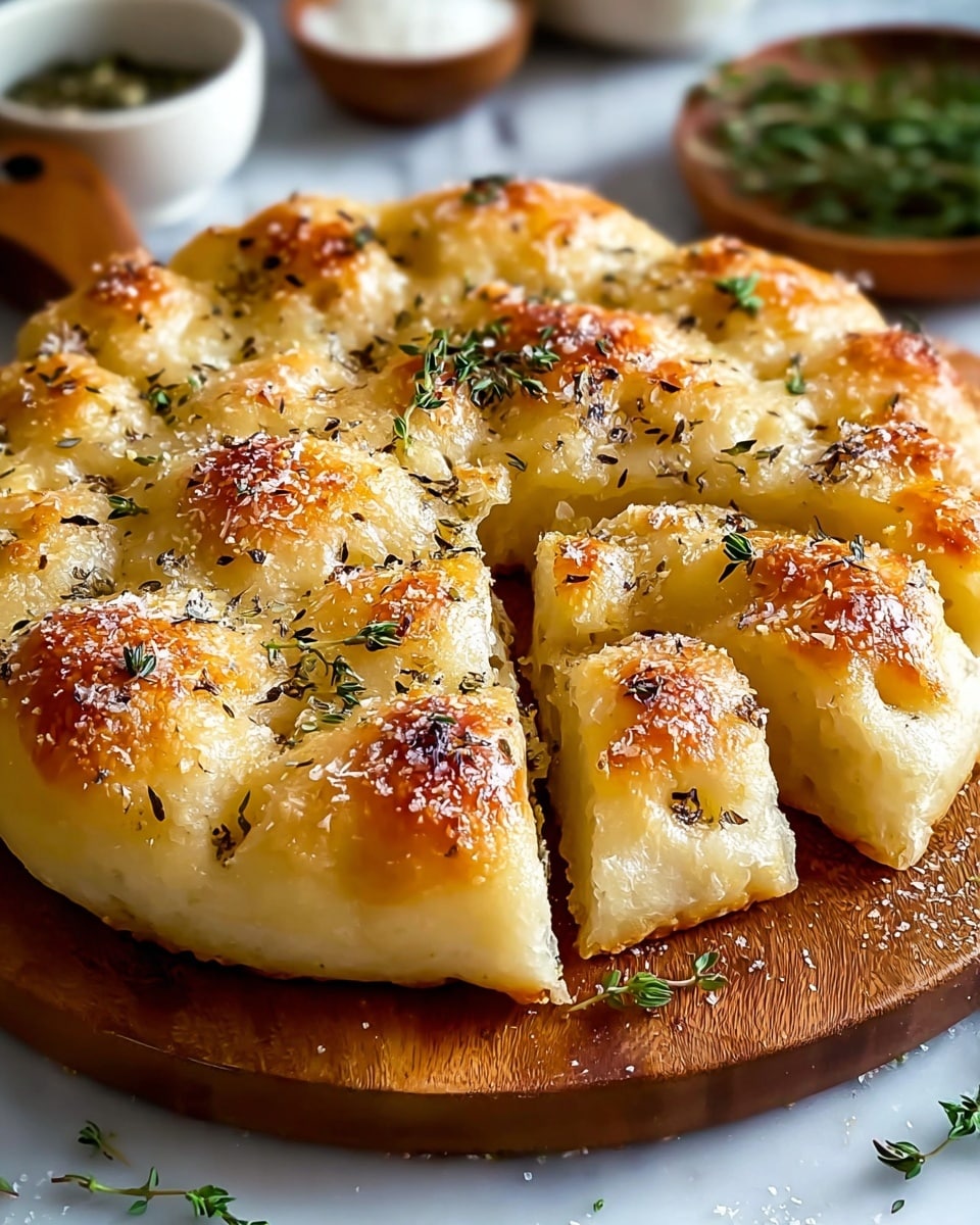 A round focaccia bread is shown on a wooden board, cut into eight pieces. The bread has one visible thick layer with a golden-brown bubby crust on top, featuring small browned spots and a soft light yellow inside. It is sprinkled with coarse salt, dried herbs, and fresh green thyme leaves scattered across the surface. The focus is close to the center, highlighting the soft texture and slight gloss of the bread’s crust. The background shows a white marbled texture with blurred bowls and herbs. photo taken with an iphone --ar 4:5 --v 7