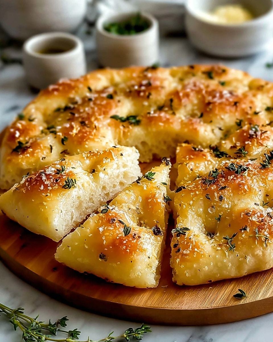 A round focaccia bread with a golden, fluffy crust is shown on a wooden board, cut into thick triangular slices. The top is textured with dimples and lightly browned spots, sprinkled with coarse salt, black pepper, and fresh green thyme leaves, adding color and texture contrast. The bread looks soft inside with a slightly crisp, shiny surface from olive oil. In the background, blurred bowls and a white marbled surface complete the setting. photo taken with an iphone --ar 4:5 --v 7