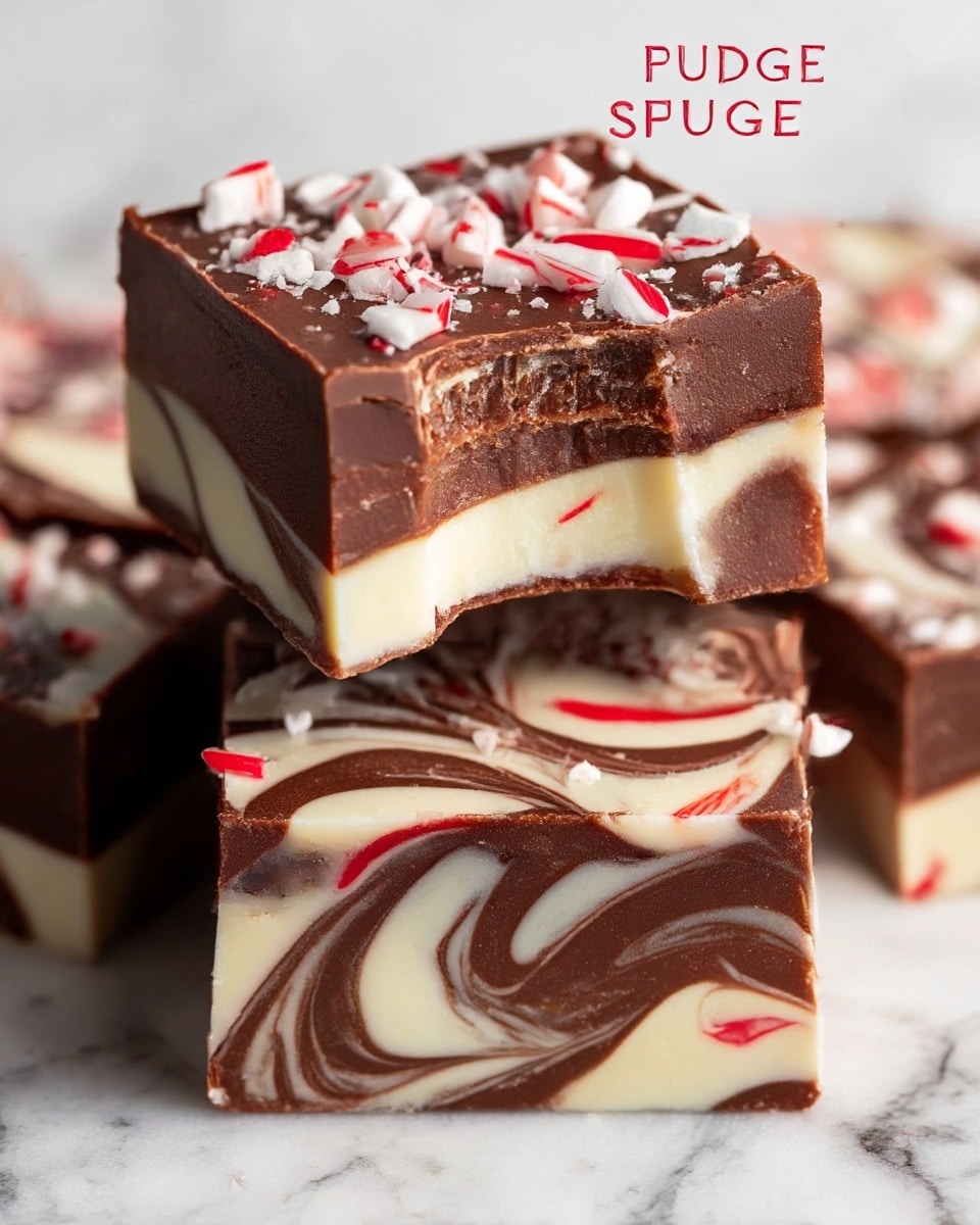 The image shows square pieces of peppermint swirl fudge with three visible layers. The bottom and middle parts have a smooth mix of dark brown and creamy white swirls in a marble pattern. The top layer is a solid dark brown chocolate smooth surface, sprinkled with crushed white peppermint pieces that have red streaks. One square piece is stacked on top of another, showing a bite taken from the top corner, revealing the rich smooth inside texture. The background has a white marbled texture. photo taken with an iphone --ar 4:5 --v 7
