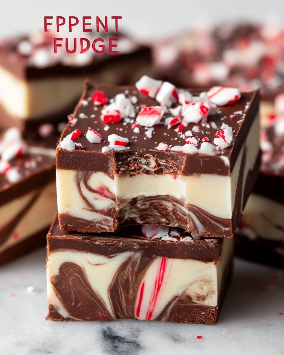 The image shows squares of peppermint swirl fudge with three visible layers: a thick bottom layer with mixed swirls of dark brown chocolate and creamy white, a middle layer that continues the marbled mix in a smooth texture, and a shiny dark chocolate top layer sprinkled with white and red peppermint candy pieces. One piece is slightly bitten, revealing the soft texture inside. The fudge squares rest on a white marbled surface, highlighting the rich colors and details of each layer. Photo taken with an iphone --ar 4:5 --v 7