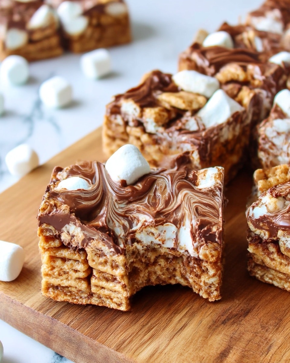 The image shows a close-up of a thick square dessert bar on a wooden board, cut into pieces. The dessert has two main layers: a bottom layer of crunchy, light brown cereal squares, and a top layer of melted, glossy milk chocolate mixed with white marshmallows that are partially melted and soft, creating a swirled texture. The chocolate covers the cereal unevenly, with some marshmallows peeking through, adding a fluffy contrast to the crunchy cereal. The piece in the front has a bite taken out of it, showing the layered texture inside. The background is a white marbled surface with a few small white marshmallows scattered around. Photo taken with an iphone --ar 4:5 --v 7