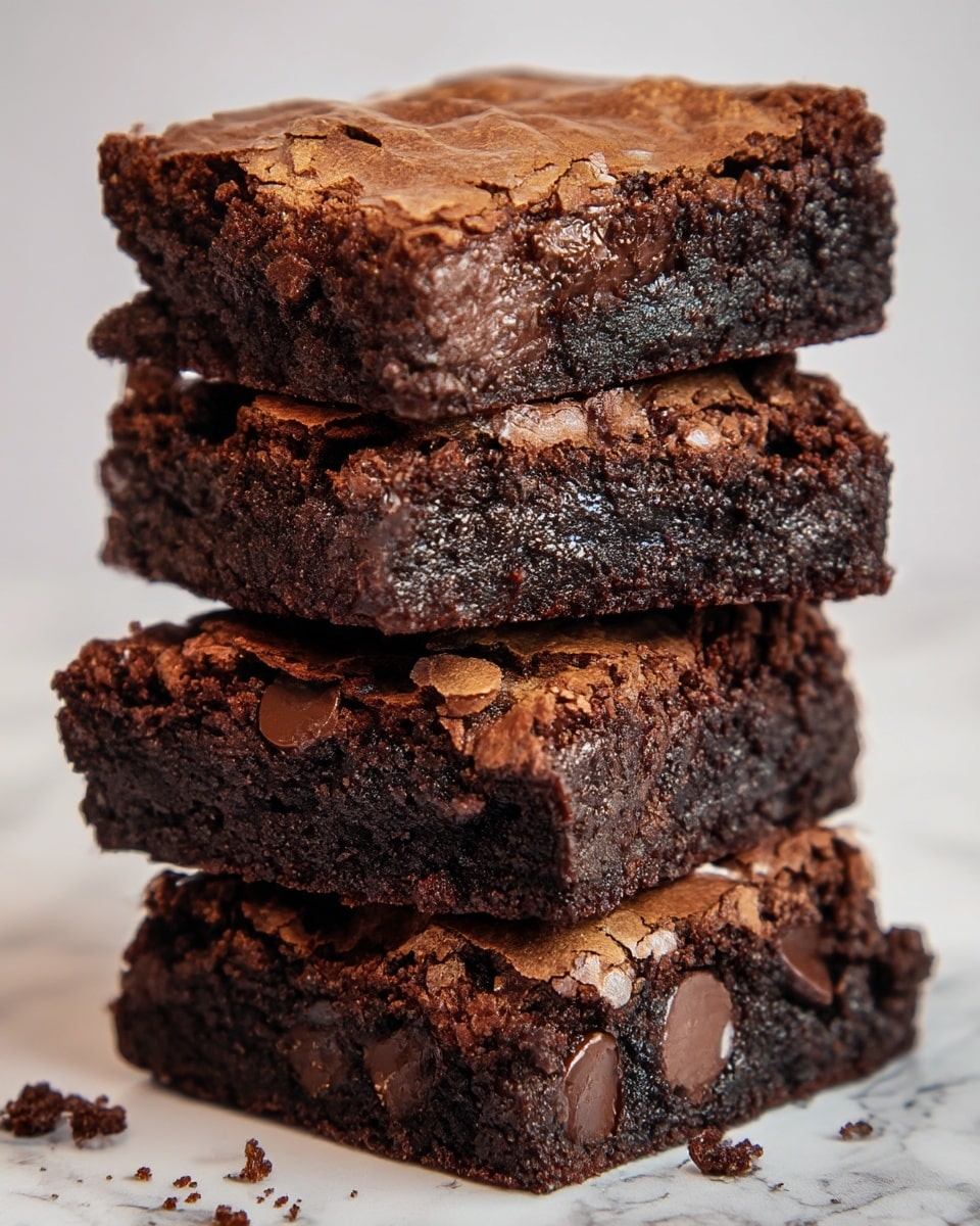 The image shows a close-up of a stack of four rich, fudgy brownies, each with a deep dark brown color and a slightly cracked, shiny top layer. The edges of each brownie appear dense and moist with visible chocolate chunks inside. The texture is soft and gooey, especially in the middle parts, contrasting with the crispy top crust. The stack is placed on a surface with a white marbled texture, and there are small crumbs scattered at the base of the stack. photo taken with an iphone --ar 4:5 --v 7