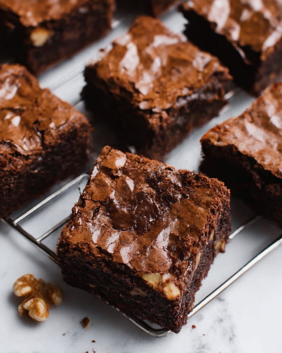 The image shows several square chocolate brownies arranged on a metal cooling rack over a white marbled texture. Each brownie has a cracked, shiny dark brown crust on top with a slightly rough texture. The inside looks dense and moist, with some pieces showing bits of walnuts embedded inside, adding a light brown color contrast. One brownie is slightly tilted, revealing the rich, fudgy interior. Around the rack, there are a few whole walnuts and walnut pieces scattered on the white marbled surface. Photo taken with an iphone --ar 4:5 --v 7