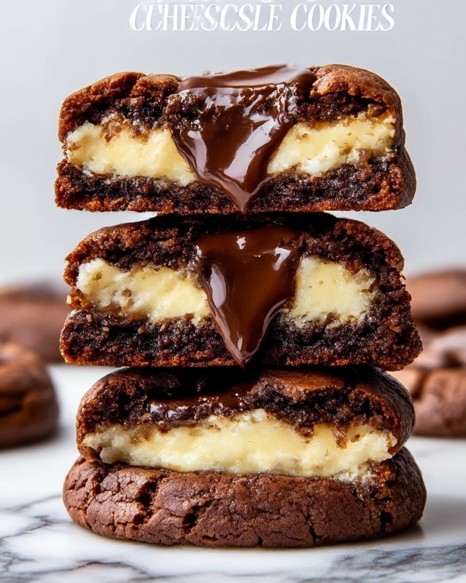 The image shows a stack of three cheesecake cookies with a rich and moist look. Each cookie has three main layers: a dark brown chocolate cookie layer with a cracked, slightly crispy texture on the outside, a creamy pale yellow cheesecake layer in the middle that looks soft and smooth, and a shiny melted dark chocolate spot on top of the cheesecake layer. The cookies are stacked neatly on a white marbled surface with a blurred background, highlighting the gooey and contrasting textures of the chocolate and cheesecake layers. The photo taken with an iphone --ar 4:5 --v 7