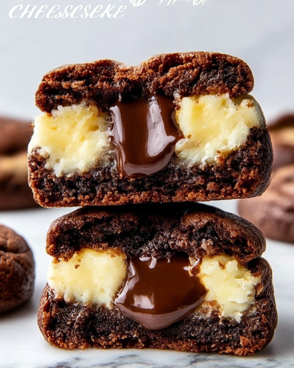 The image shows a close-up of three stacked cheesecake cookies with three visible layers in each cookie. The outer layer is dark brown and crumbly, forming a thick cookie crust on the top and bottom. The middle layer is creamy pale yellow cheesecake filling with a smooth texture, and the center has a shiny, melted dark chocolate layer that is glossy and slightly melted, adding richness to the visual contrast. The background features a white marbled surface, and the cookies appear moist and soft, with a slightly cracked crust on top. photo taken with an iphone --ar 4:5 --v 7