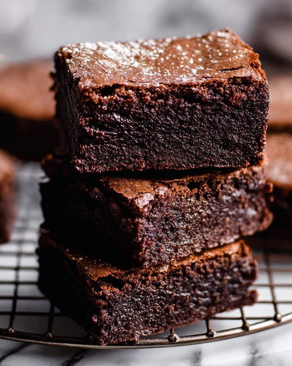The image shows four thick, rectangular chocolate brownies stacked on each other on a round cooling rack with a white marbled surface underneath. Each brownie has a dense, dark brown, slightly crumbly texture with a cracked top layer. A light dusting of powdered sugar is scattered on the brownies, adding a faint white contrast. The close-up view highlights the rich, fudgy inside and the crispy crust on top. Photo taken with an iphone --ar 4:5 --v 7