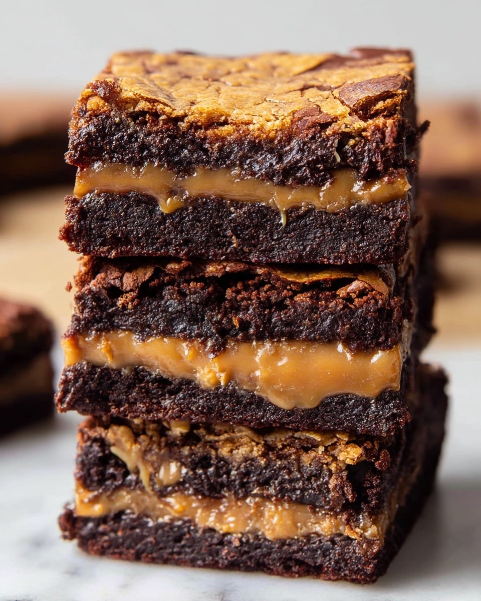 A close-up view of a stack of three thick brownie squares, each with two layers of dark, rich, moist chocolate cake. Between the chocolate layers, there is a smooth, creamy caramel layer with a golden brown color, slightly oozing out. The top layer of each brownie has a cracked, slightly crumbly caramelized crust with a light golden tan shade. The stack is placed on a white marbled surface. Photo taken with an iphone --ar 4:5 --v 7