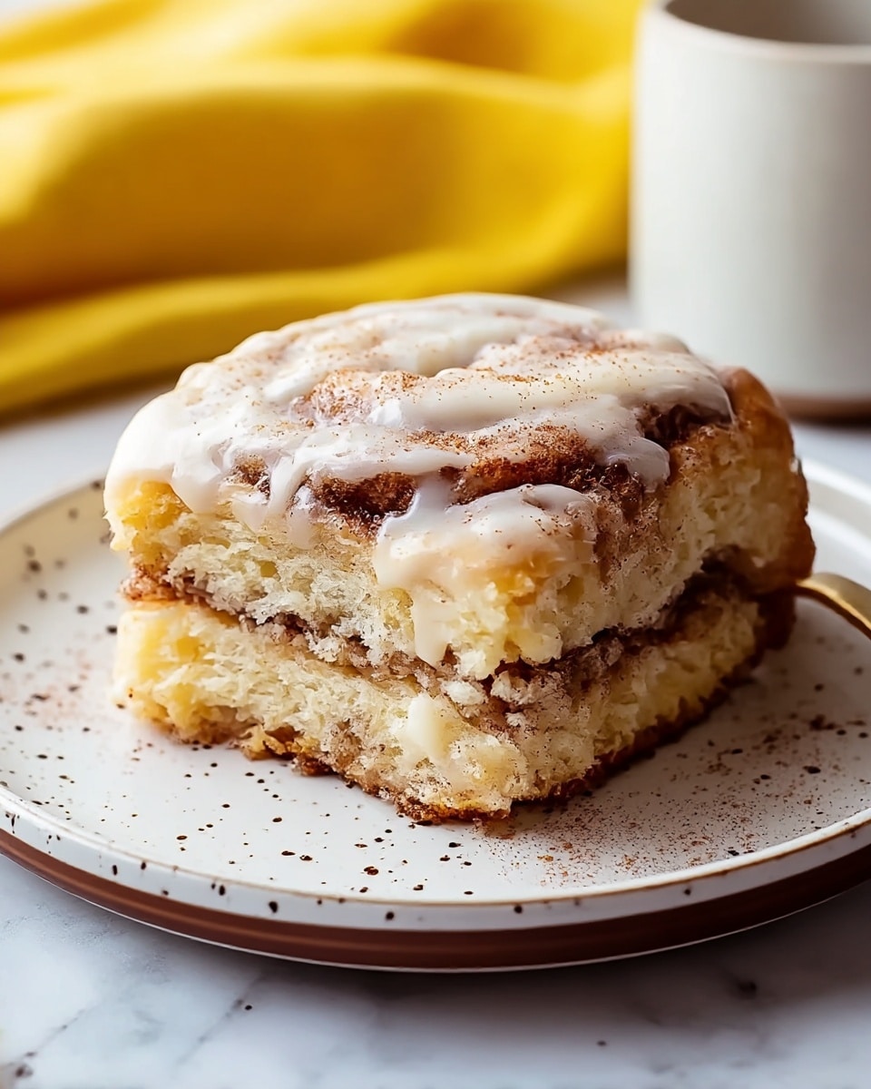 A close-up view of a cinnamon roll slice with two main layers of soft, light brown dough filled with a darker brown cinnamon sugar swirl. The top is covered with a creamy white icing that drips slightly down the sides, with cinnamon specks scattered on it. The slice sits on a white plate with small dark brown spots and a thin brown ring near the edge. In the background, there is a yellow cloth and a white cup on a white marbled surface. photo taken with an iphone --ar 4:5 --v 7
