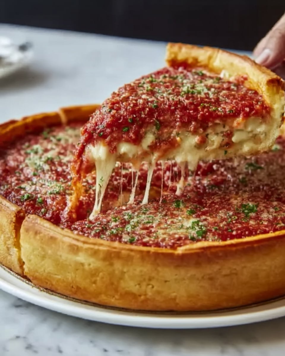 A deep dish pizza is shown on a round white plate, resting on a white marbled surface. The pizza has a thick, golden-brown crust surrounding several layers. The bottom layer consists of melted cheese that stretches as a slice is lifted by a woman's hand, showing gooey, stringy cheese. Above the cheese is a layer of rich red tomato sauce covering the entire pizza, sprinkled with green herbs. The sauce looks thick and slightly chunky, creating a vibrant contrast with the melted cheese underneath. photo taken with an iphone --ar 4:5 --v 7
