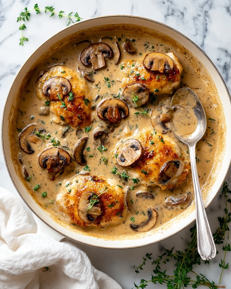 A creamy mushroom sauce with light brown color and smooth texture fills a white pan, covering five golden-brown cooked chicken pieces that have a slightly crispy surface. There are several slices of sautéed mushrooms scattered on top of the chicken and throughout the sauce, adding a darker brown color and a tender look. Small green herb leaves are sprinkled across the sauce for a fresh touch. A silver spoon rests on the right side of the pan handle, and fresh green herb sprigs lie on the white marbled surface around the pan. A white cloth is placed beside the pan. Photo taken with an iphone --ar 4:5 --v 7