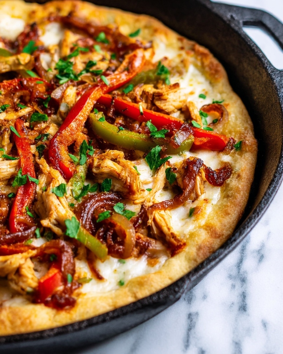 The image shows a close-up of a pizza in a black cast-iron pan with a thick, golden-brown crust that looks soft and slightly bubbly. The base layer is melted white cheese covering the pizza with patches visible under the toppings. On top, there are pieces of cooked chicken in light golden tones layered alongside strips of roasted red and green bell peppers and caramelized reddish-brown onions. Fresh green parsley leaves are scattered over the pizza, adding a touch of bright color. The background is a white marbled texture. photo taken with an iphone --ar 4:5 --v 7