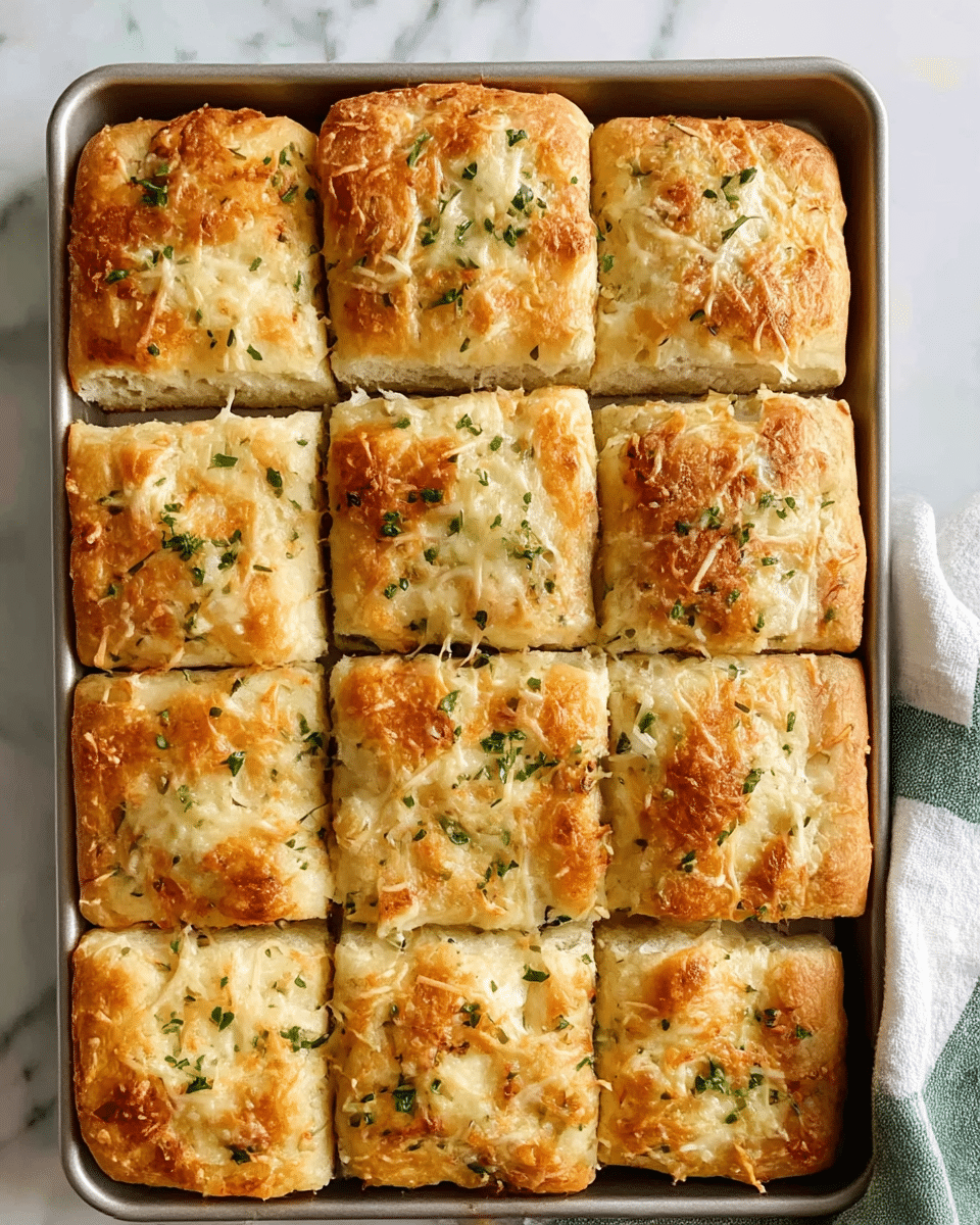 A rectangular tray filled with twelve square pieces of baked focaccia bread arranged in a 3 by 4 grid, each piece showing a golden-brown top layer with melted cheese and small bits of green herbs scattered across. The bread looks light and fluffy with a slightly crispy texture on the surface. The tray is set on a white marbled surface with part of a white and green cloth visible on the right side. photo taken with an iphone --ar 4:5 --v 7