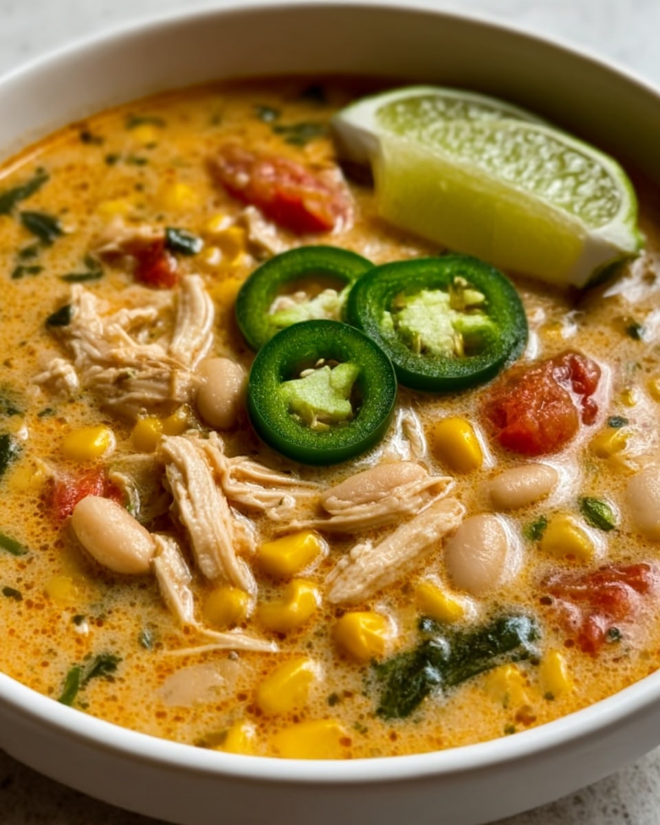 A white bowl filled with a rich, creamy soup that has a light orange color with visible small green herbs and leafy vegetables mixed throughout. The soup shows white beans and shredded chicken scattered evenly, with bright yellow corn kernels and chunks of red tomatoes adding splashes of color. On top, three round slices of dark green jalapeño peppers sit near a wedge of light green lime placed on the bowl’s edge. The soup’s surface looks slightly oily and smooth, showing the broth’s thickness and texture very clearly. Photo taken with an iphone --ar 4:5 --v 7