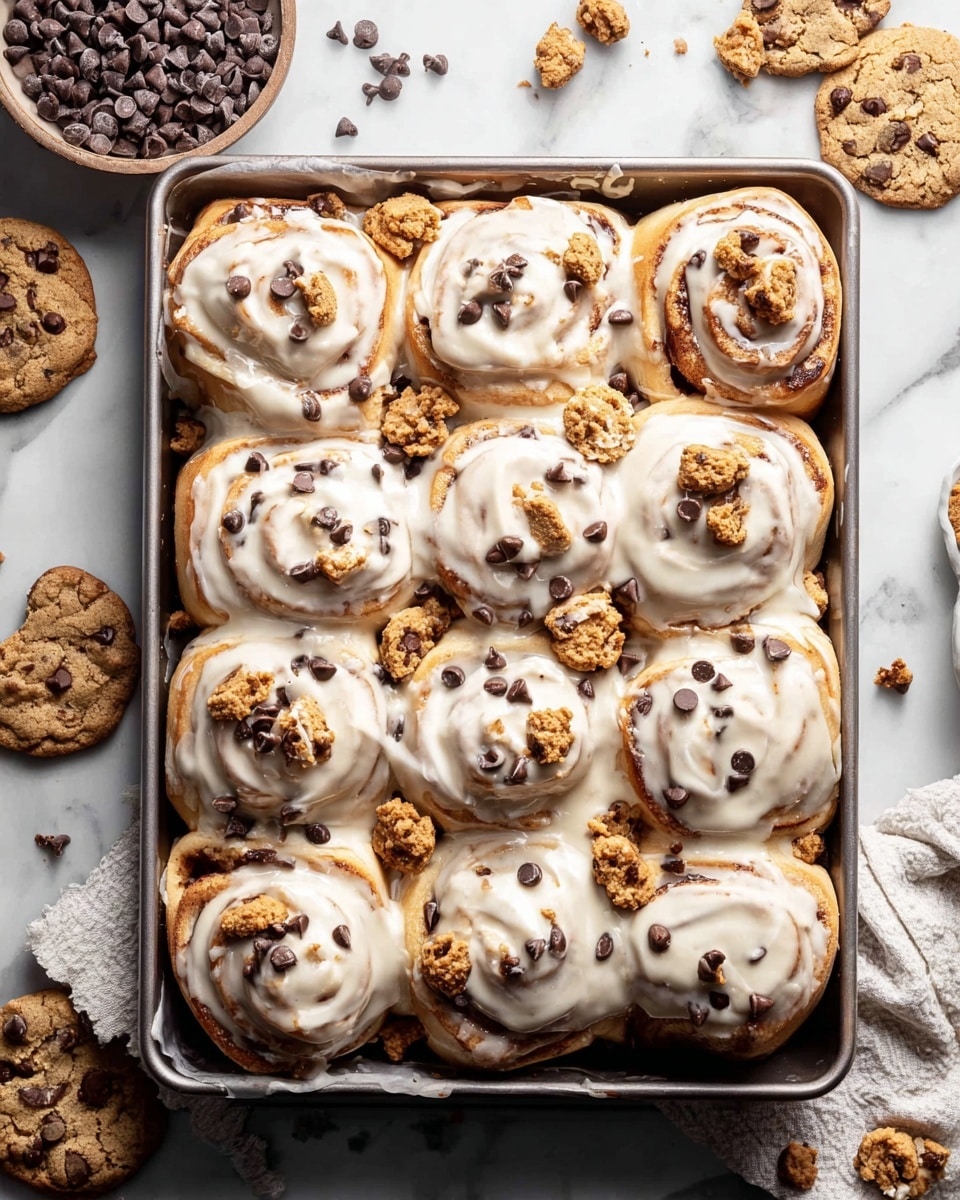 A metal baking tray holds twelve golden-brown swirl cinnamon rolls thickly covered in creamy white icing that drips slightly over the sides, each roll speckled with dark chocolate chips. Scattered on top and around the rolls are small, whole and broken mini chocolate chip cookies, adding a crunchy texture contrast to the soft rolls. The tray sits on a white marbled surface with additional mini chocolate chip cookies broken and whole across the background, along with a bowl filled with chocolate chips. A crumpled white cloth napkin is placed near the corner of the tray. photo taken with an iphone --ar 4:5 --v 7