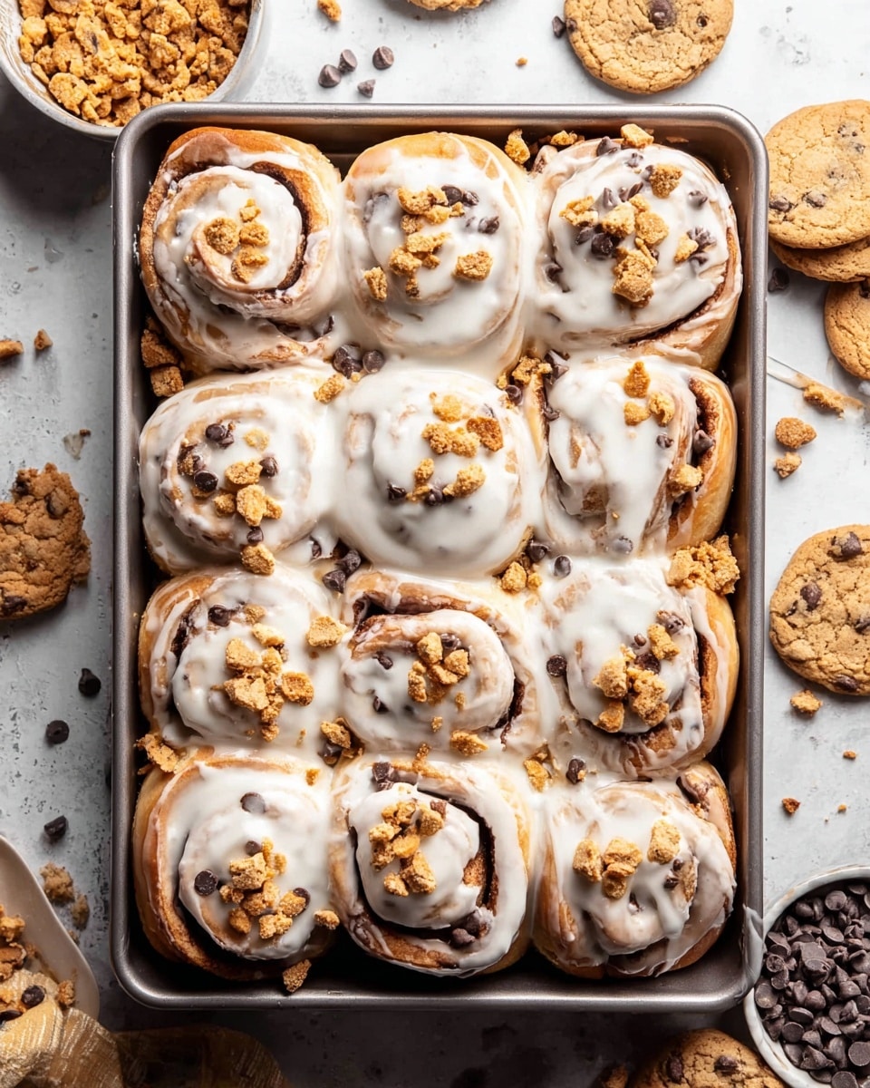 A metal tray holds nine cinnamon rolls covered in thick white icing that flows smoothly over the spiraled dough with dark brown cinnamon swirls. On top of the icing, small round chocolate chip cookies and cookie crumbles are scattered, adding texture and contrast with their golden-brown color and tiny dark chocolate chips. Surrounding the tray are a few more cookies, some broken, and a bowl filled with more mini cookies highlighting the cookie theme. The scene is set on a white marbled texture, with chocolate chips placed casually near the bowl. photo taken with an iphone --ar 4:5 --v 7