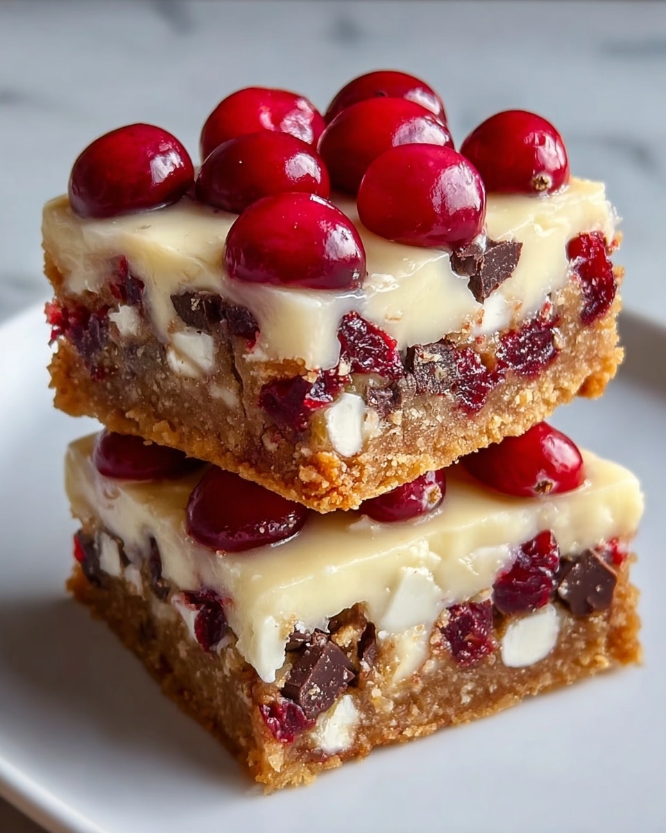 The image shows two stacked dessert bars on a white plate against a white marbled surface. Each bar has four visible layers: the bottom layer is a crumbly, light brown cookie crust; the second layer contains chopped dark chocolate pieces and dried red cranberries embedded in the base; the third layer is creamy and light-colored, likely melted white chocolate mixed in; and the top layer has whole, shiny bright red cranberries placed in a neat row. The bars have a moist and slightly glossy texture with clear contrast between the colors and textures of the layers. photo taken with an iphone --ar 4:5 --v 7