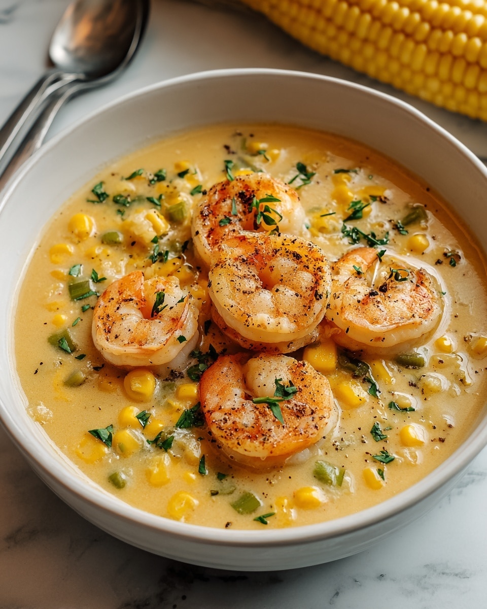 A white bowl filled with a creamy yellow soup that contains sweet corn kernels and small green vegetable pieces, topped with five well-cooked pink shrimp with light grill marks. The shrimp sit on top of the soup, sprinkled with finely chopped green herbs and a touch of black pepper. The bowl rests on a white marbled surface, with part of an ear of corn slightly blurred in the background, and a silver fork partially visible in the upper left corner. photo taken with an iphone --ar 4:5 --v 7