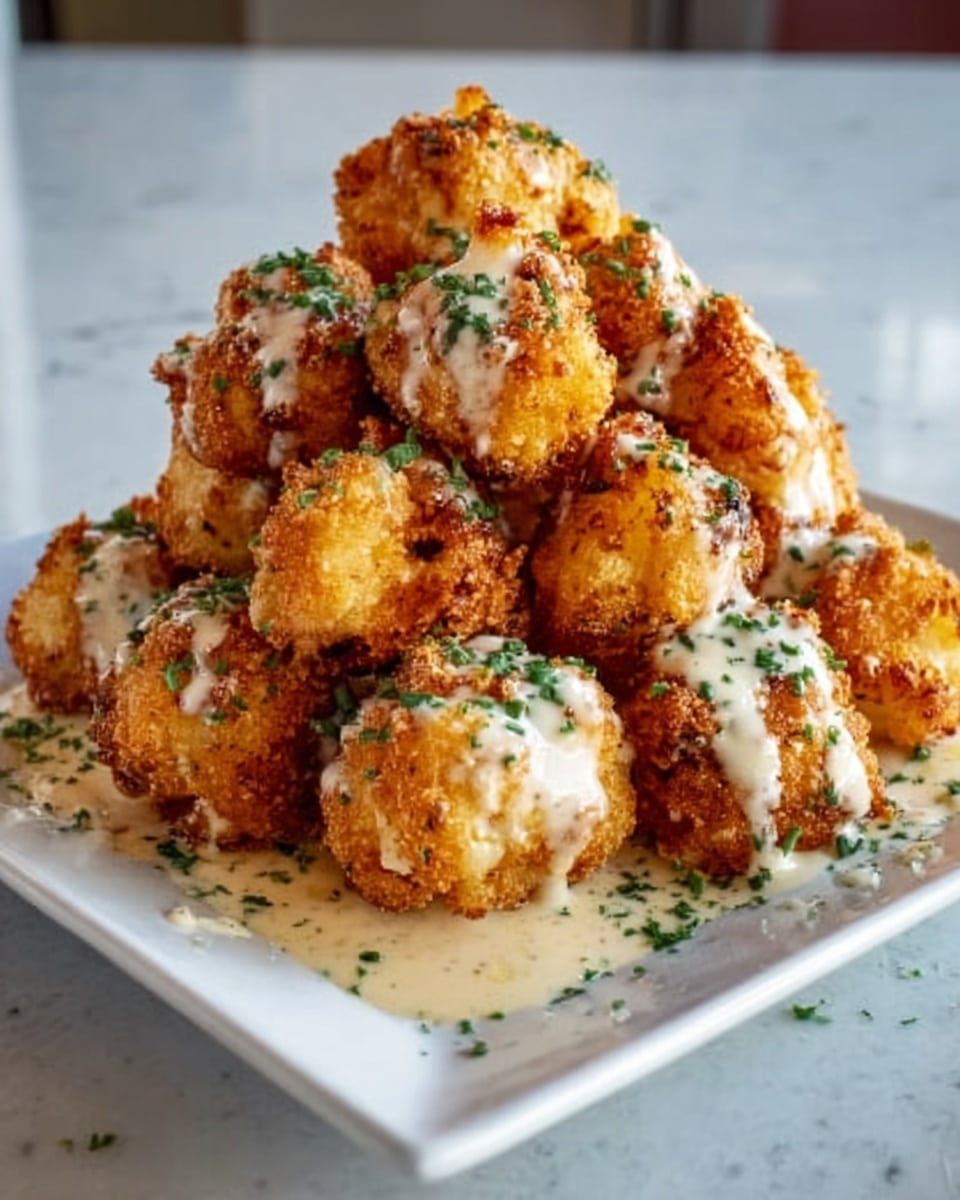 A white square plate holds a pile of golden brown fried cauliflower pieces, each one crispy and well-seasoned, covered with a light creamy white sauce that pools slightly around the base. Green chopped herbs are sprinkled evenly over the top, adding a fresh contrast color. The cauliflower pieces are stacked in a rough pyramid shape, showing different sizes and textures with a crunchy outer layer. The scene sits on a white marbled surface, with soft natural light highlighting the textures and colors. photo taken with an iphone --ar 4:5 --v 7
