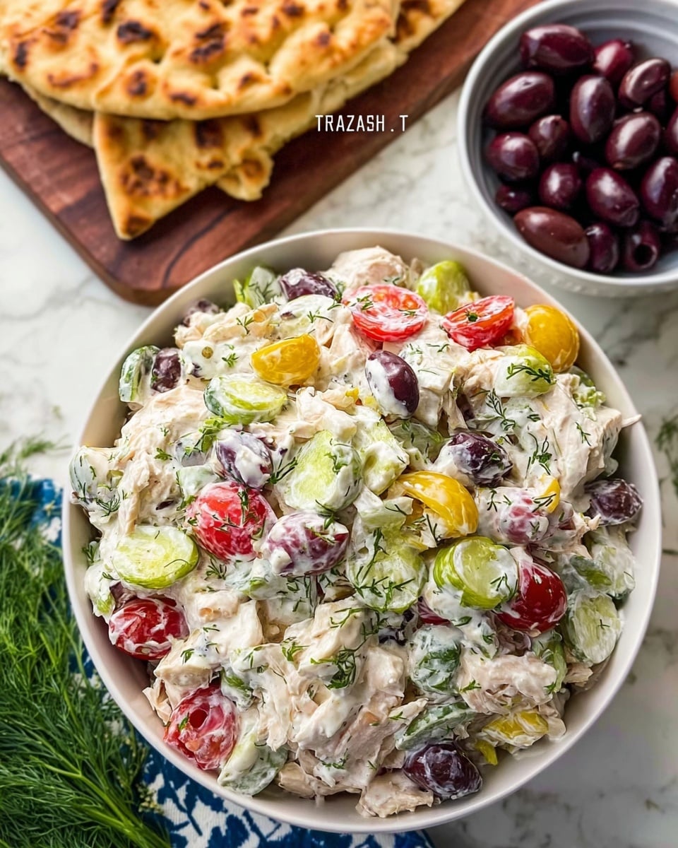 A white bowl filled with a colorful tzatziki chicken salad showing several visible layers: creamy white dressing mixed with chunks of white chicken, bright red cherry tomato halves, black olives, green and yellow sliced pickles, and finely chopped green herbs. The salad has a fresh, creamy texture with layers blending but still distinct. Next to the bowl, there is a white bowl of black olives and a wooden board holding two pieces of toasted flatbread that have golden-brown spots. Everything sits on a white marbled textured surface with some green dill visible near the edges. photo taken with an iphone --ar 4:5 --v 7