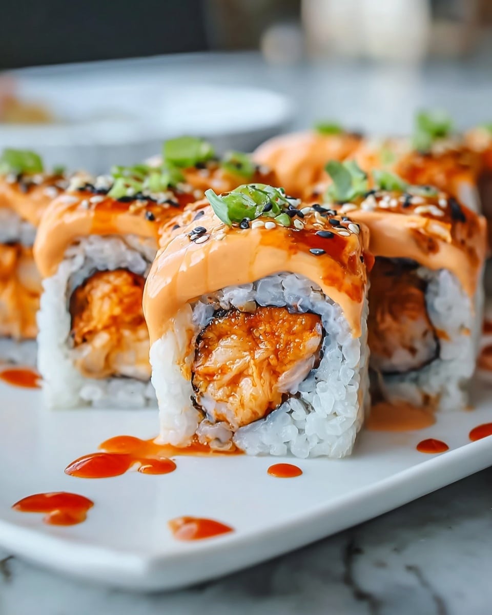 The image shows four sushi rolls placed closely on a white plate set on a white marbled surface. Each roll has three main layers: a center filling of orange-colored spicy seafood mix, wrapped tightly by a thin black seaweed sheet; a thick outer layer of white rice with a slightly sticky texture; and a top layer of creamy orange sauce with a glossy look that drips slightly onto the plate. The sauce is sprinkled with small black and white sesame seeds and bright green finely chopped scallions. There are a few drops of a reddish-orange sauce around the sushi rolls on the plate. The background is softly blurred, focusing fully on the sushi. photo taken with an iphone --ar 4:5 --v 7