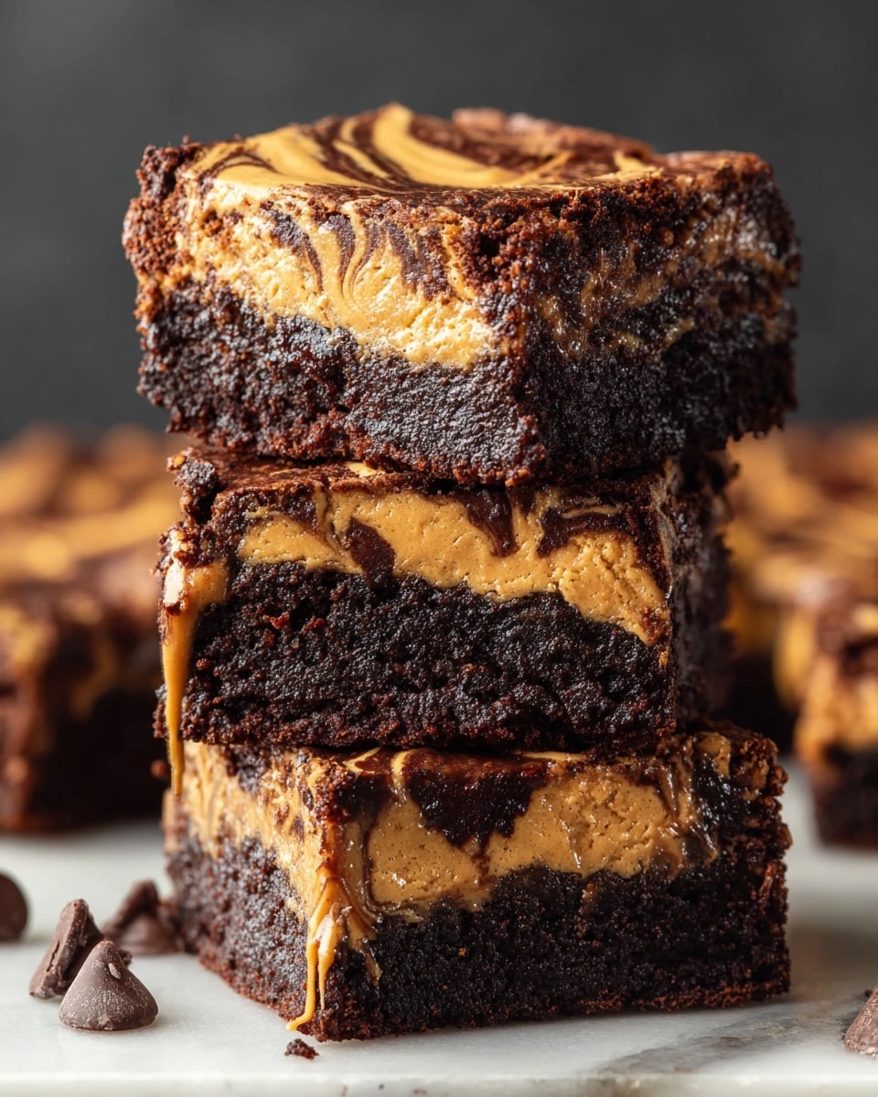A stack of three rich brownies sits on a white marbled surface, each brownie composed of three distinct layers: a dark, dense, and moist chocolate base at the bottom, a thick middle layer of creamy, light brown peanut butter with a smooth texture, and a top layer with a swirled mix of melted dark chocolate and peanut butter creating a glossy, marbled pattern. The edges of the brownies are slightly crumbly, and some melted chocolate drips down the sides, adding a glossy shine. Dark chocolate chips are scattered near the base of the stack, enhancing the indulgent feel. The background is softly blurred, focusing attention on the textured, gooey brownies. Photo taken with an iphone --ar 4:5 --v 7
