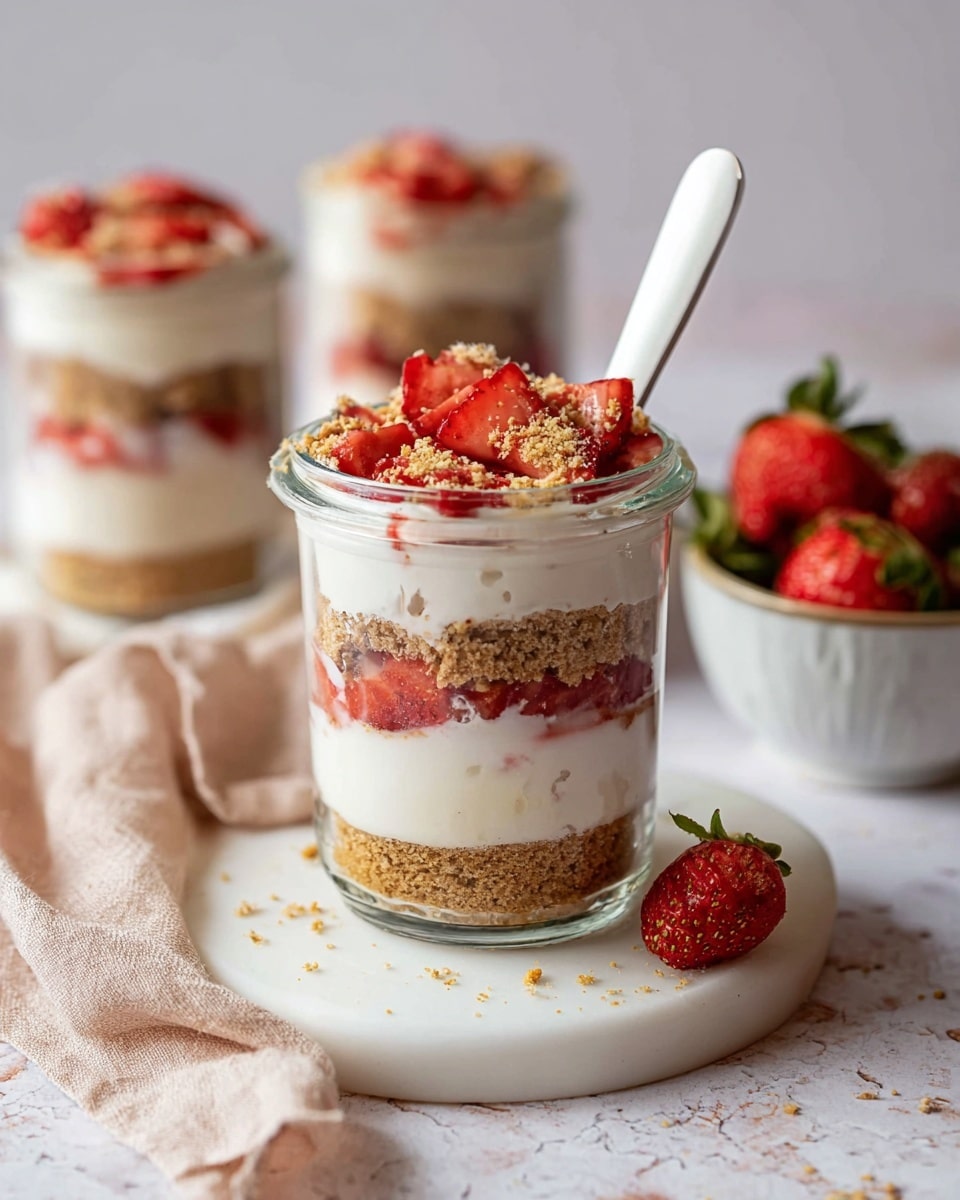 The image shows a dessert in a clear glass jar with four visible layers. The bottom layer is a crumbly, light brown biscuit base. Above it is a thick, smooth white cream layer, followed by another crumbly light brown biscuit layer. The top layer is creamy white with chopped bright red strawberries and some biscuit crumbs sprinkled on top. A white spoon is placed inside the jar. The jar is set on a white round board with a soft beige cloth nearby, and there is a small white bowl with fresh strawberries on the right, all on a white marbled surface. In the background, there are two more jars with the same dessert slightly blurred. photo taken with an iphone --ar 4:5 --v 7