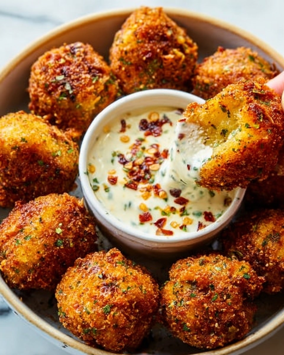 The image shows a white bowl filled with round, golden-brown fried fritters that look crispy on the outside. Each fritter has a rough, textured surface with visible crispy bits and some green herb specks. In the center of the bowl, there is a small white cup filled with creamy white sauce mixed with green herbs and red chili flakes, which is slightly thick. A woman's hand is dipping one fritter halfway into the sauce, showing the fritter's crunchy coating covered with the sauce. The background is a white marbled surface. photo taken with an iphone --ar 4:5 --v 7