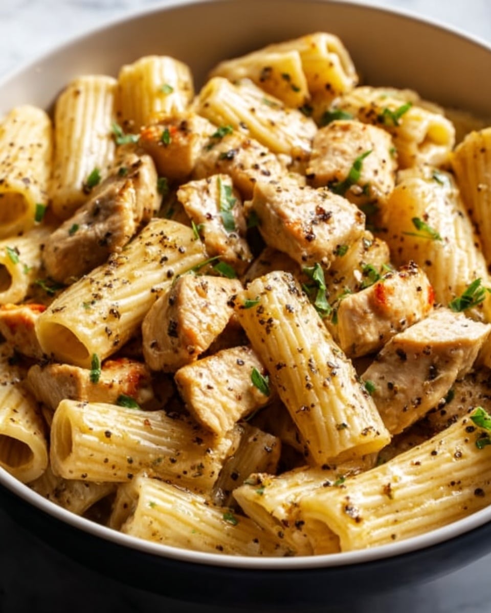 The image shows a close-up of rigatoni pasta mixed with pieces of cooked chicken, all coated in a light sauce with herbs and black pepper sprinkled on top. The rigatoni is pale yellow with a slightly glossy texture, while the chicken pieces are light brown with a slightly crispy surface. Small green herb bits are scattered over the dish, adding a fresh touch. The food is served in a white bowl placed on a white marbled surface, with soft natural lighting highlighting the textures. Photo taken with an iphone --ar 4:5 --v 7